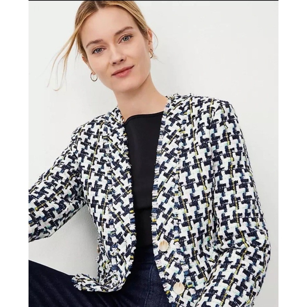 ANN TAYLOR HOUNDSTOOTH TWEED CROPPED CARDIGAN JACKET SZ 10P